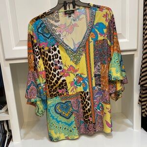Melissa Paige Vibrant Multicolor Patchwork V-Neck Blouse